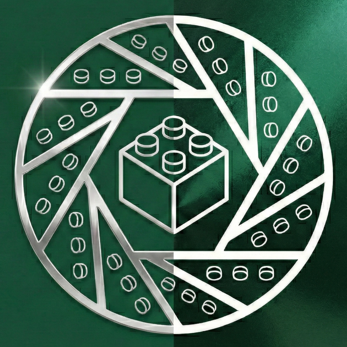 Main logo of TheBrickBang featuring a brick centered within a camera shutter, which is also built from bricks. The background is divided equally into a matte and a glossy green half, symbolizing the production phases before and after visual effects processing.