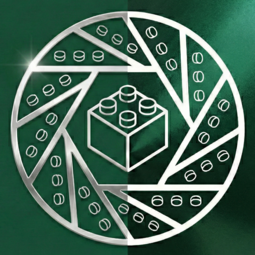 Main logo of TheBrickBang featuring a brick centered within a camera shutter, which is also built from bricks. The background is divided equally into a matte and a glossy green half, symbolizing the production phases before and after visual effects processing.